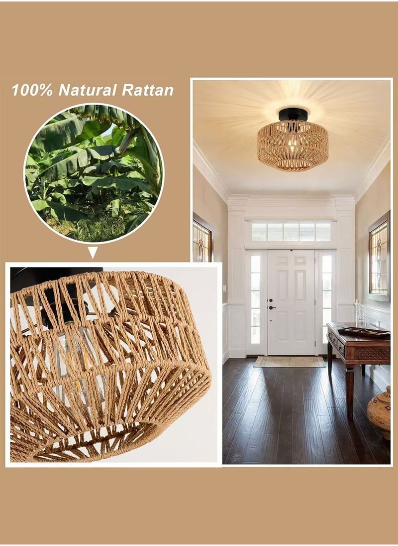 EzzySo Rattan Chandelier Fixtures Pendant Lamp, Boho Ceiling Light Fixture with Dimmable Led Bulb, Hand Woven Rattan Chandelier Light Fixtures Flush Mount for Hallway Bedroom Living Room Kitchen Entryway  - Image 3