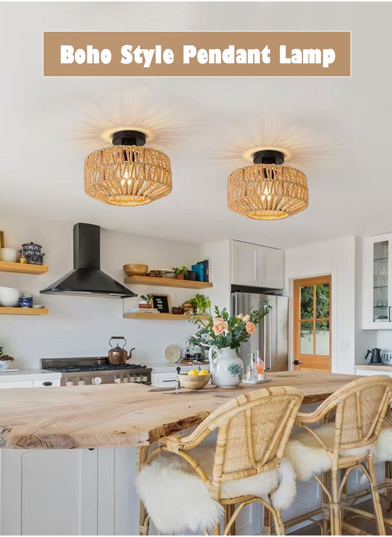 EzzySo Rattan Chandelier Fixtures Pendant Lamp, Boho Ceiling Light Fixture with Dimmable Led Bulb, Hand Woven Rattan Chandelier Light Fixtures Flush Mount for Hallway Bedroom Living Room Kitchen Entryway  - Image 2