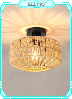 EzzySo Rattan Chandelier Fixtures Pendant Lamp, Boho Ceiling Light Fixture with Dimmable Led Bulb, Hand Woven Rattan Chandelier Light Fixtures Flush Mount for Hallway Bedroom Living Room Kitchen Entryway  - Image 1