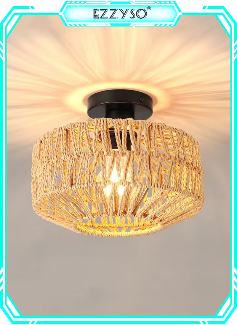 EzzySo Rattan Chandelier Fixtures Pendant Lamp, Boho Ceiling Light Fixture with Dimmable Led Bulb, Hand Woven Rattan Chandelier Light Fixtures Flush Mount for Hallway Bedroom Living Room Kitchen Entryway  - Image 1