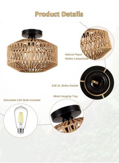 EzzySo Rattan Chandelier Fixtures Pendant Lamp, Boho Ceiling Light Fixture with Dimmable Led Bulb, Hand Woven Rattan Chandelier Light Fixtures Flush Mount for Hallway Bedroom Living Room Kitchen Entryway  - Image 5