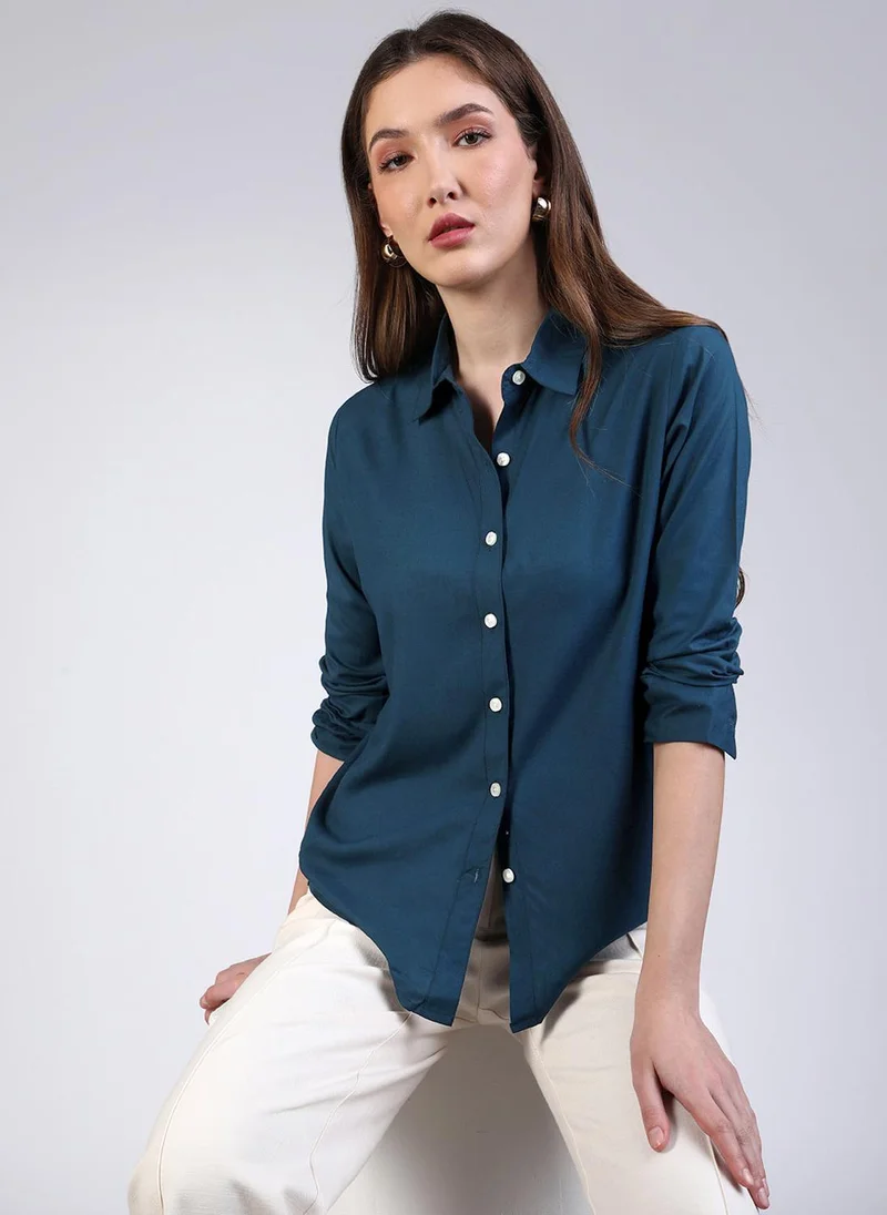 Urbano Fashion  Urbano Fashion Women's Midnight Blue Modal Viscose Full Sleeve Regular Fit Casual Solid Shirt with Regular Collar for Women | Best Price UAE