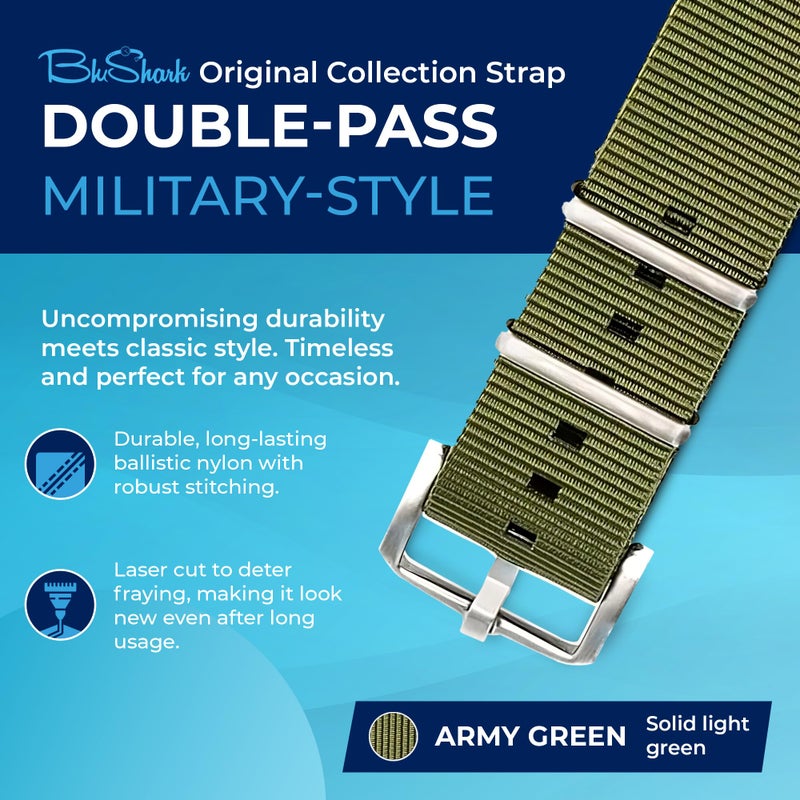 BluShark - Original Collection Military-Style Waterproof Watch Strap, Fits All Timepiece Brands, Durable Nylon Wristwatch Accessories with Stainless Steel Buckle, Army Green, 20mm - Image 2