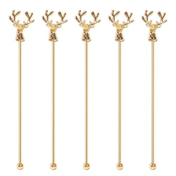 Mewuthede Swizzle Sticks,5 Pcs Stainless Steel Reusable Deer Head Shape Cocktail Stirrer Coffee Beverage Stir Sticks for Cocktail, Whiskey, Hot Cocoa, Creamer (Gold) - Image 4