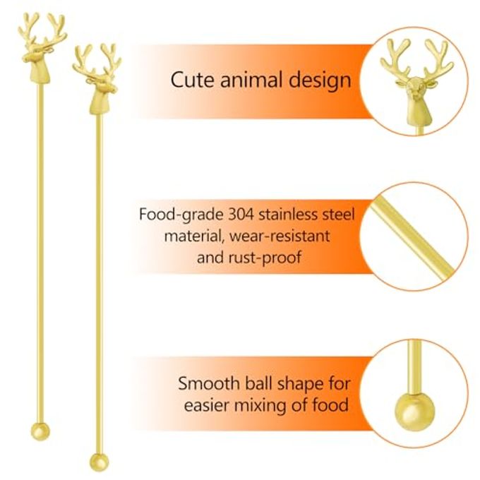 Mewuthede Swizzle Sticks,5 Pcs Stainless Steel Reusable Deer Head Shape Cocktail Stirrer Coffee Beverage Stir Sticks for Cocktail, Whiskey, Hot Cocoa, Creamer (Gold) - Image 3