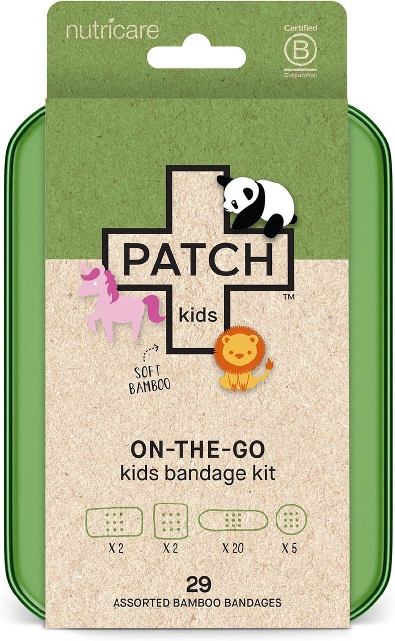 Patch Kids On-The-Go Natural Bamboo Adhesive Bandage Kit for Sensitive Skin, Eco-Friendly Hypoallergenic Bandages for Sensitive Skin. Non Toxic Bandages for Boys & Girls with Cute Prints, 29 ct Small - Image 1