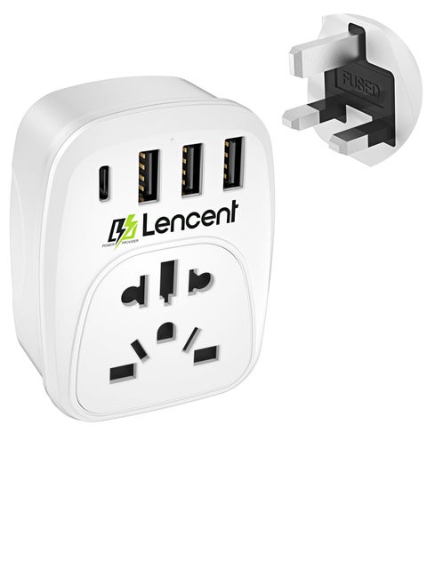 EU/USA to UK Plug Adapter with 3 USB and 1 Type C Port, LENCENT World to UK Universal Travel Adapter, European Euro 2 Pin USA American China Australia 3 Pin to British 3 Pin Socket