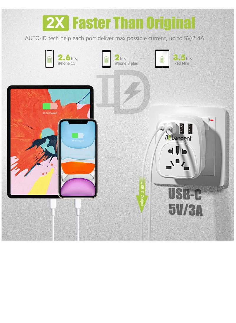 Lencent - EU/USA to UK Plug Adapter with 3 USB and 1 Type C Port, LENCENT World to UK Universal Travel Adapter, European Euro 2 Pin USA American China Australia 3 Pin to British 3 Pin Socket - Image 1