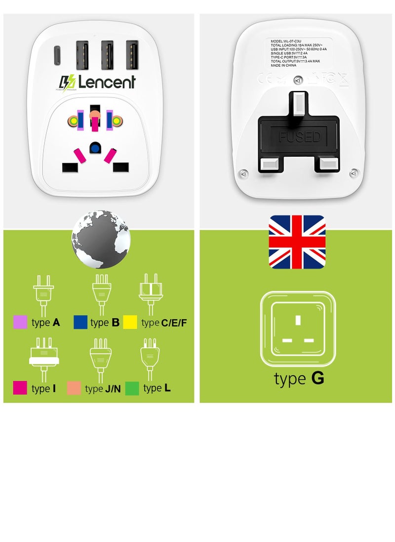 Lencent - EU/USA to UK Plug Adapter with 3 USB and 1 Type C Port, LENCENT World to UK Universal Travel Adapter, European Euro 2 Pin USA American China Australia 3 Pin to British 3 Pin Socket - Image 1