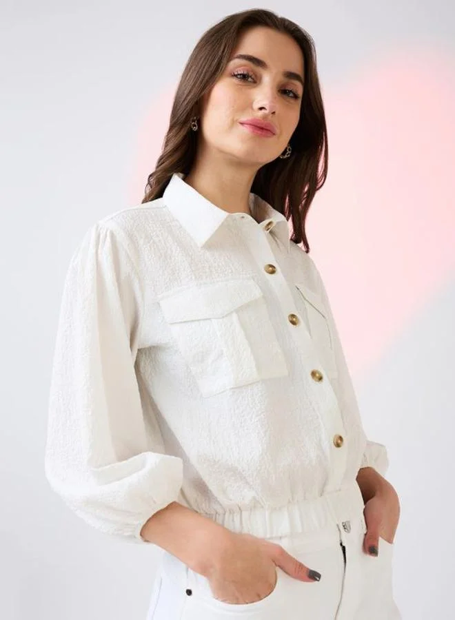 globus White Textured Crop Shirt with Puffed Sleeves