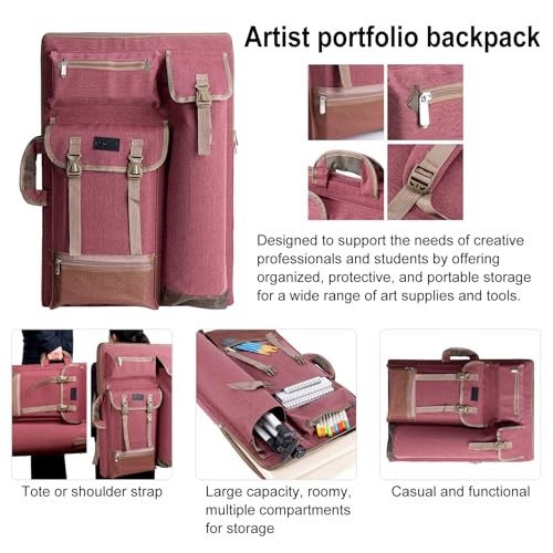 TRANSON Art Portfolio Case Artist Backpack Canvas Bag Large 26” x 19.5” Brownish Red - Image 2