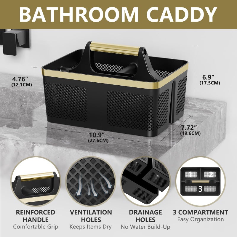 BYUNER Shower Caddy Dorm Men: Plastic Bathroom Caddy Organizer with Handle and Holes, Bath Caddy for College Dorm, Portable Shower Basket Tote for Toiletry, Travel, GYM, Camp Essentials Black/Gold - Image 2