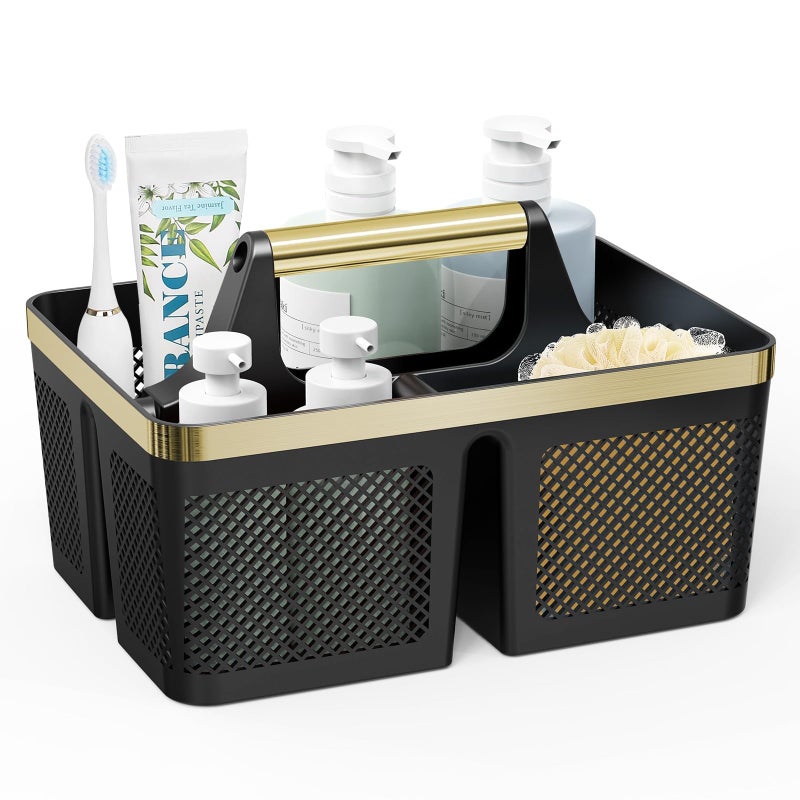 BYUNER Shower Caddy Dorm Men: Plastic Bathroom Caddy Organizer with Handle and Holes, Bath Caddy for College Dorm, Portable Shower Basket Tote for Toiletry, Travel, GYM, Camp Essentials Black/Gold - Image 1