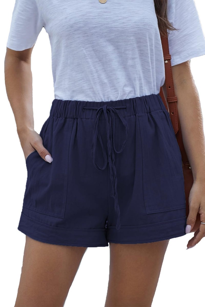 YOCUR Cute Summer Shorts Women Running Shorts Cotton Linen Tie Waist Baggy Pleating Casual Beach Outdoor Recreation Hot Pants Dusty Dark Blue L - Image 1