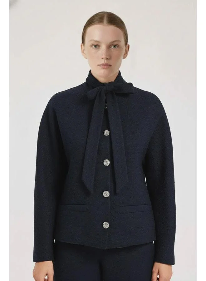 Mısırlı 1951 Navy Collar Tied Tweed Women's Jacket