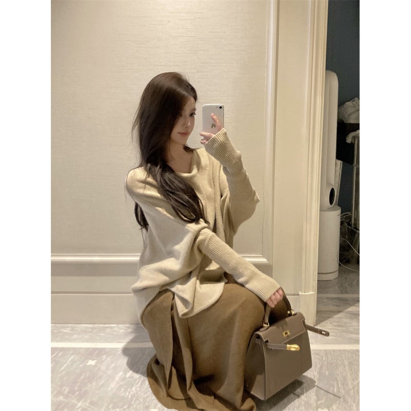 Real shot 2024 temperament irregular lazy wind loose knit shawl sweater fishtail skirt skirt suit Sand brown skirt