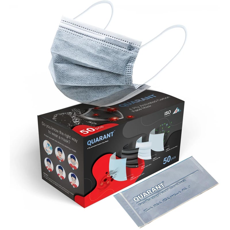 QUARANT Meltblown Fabric 4 Ply Anti Pollution Activated Carbon Face Mask with Nose Clip and Reusable Travel Pouch, ISO Certified (Grey, Pack of 50) for Unisex - Image 1