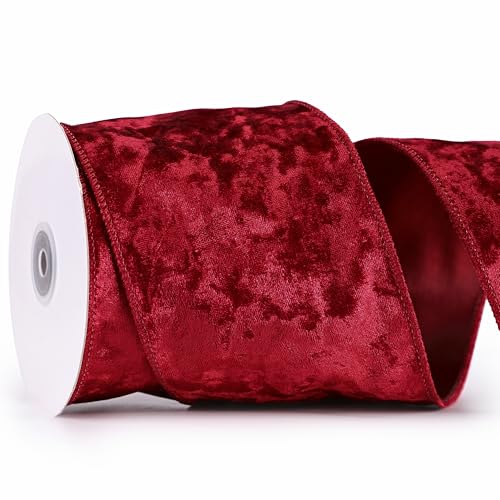 MAYREEL 4 Inch Burgundy Crushed Velvet Ribbon Wired Extra Wide for Christmas Decorations Gift Wrapping Wreaths Tree Toppers 10 Yards - Image 2