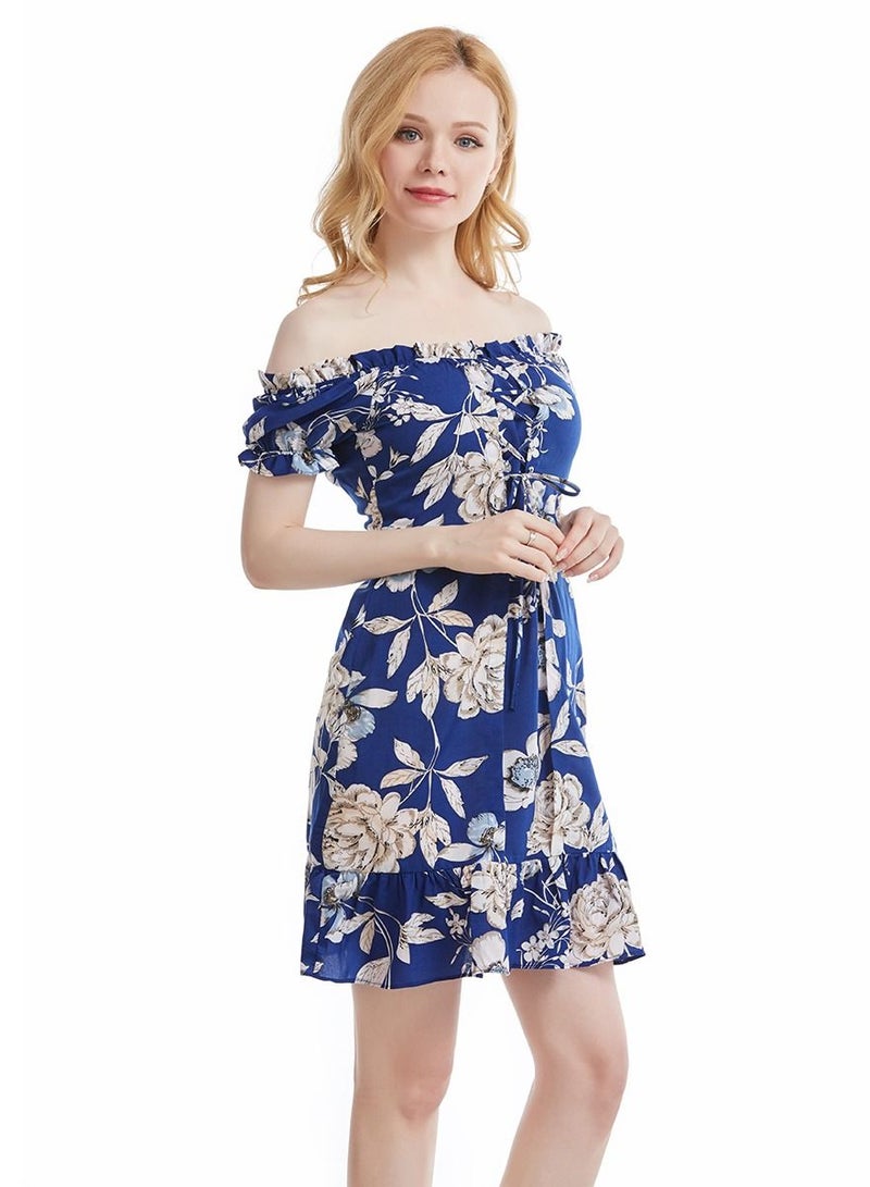 Loquat Women's Floral Printed Round Neck Short Sleeve Ruffle Mini Dress Blue/Beige  - Image 2