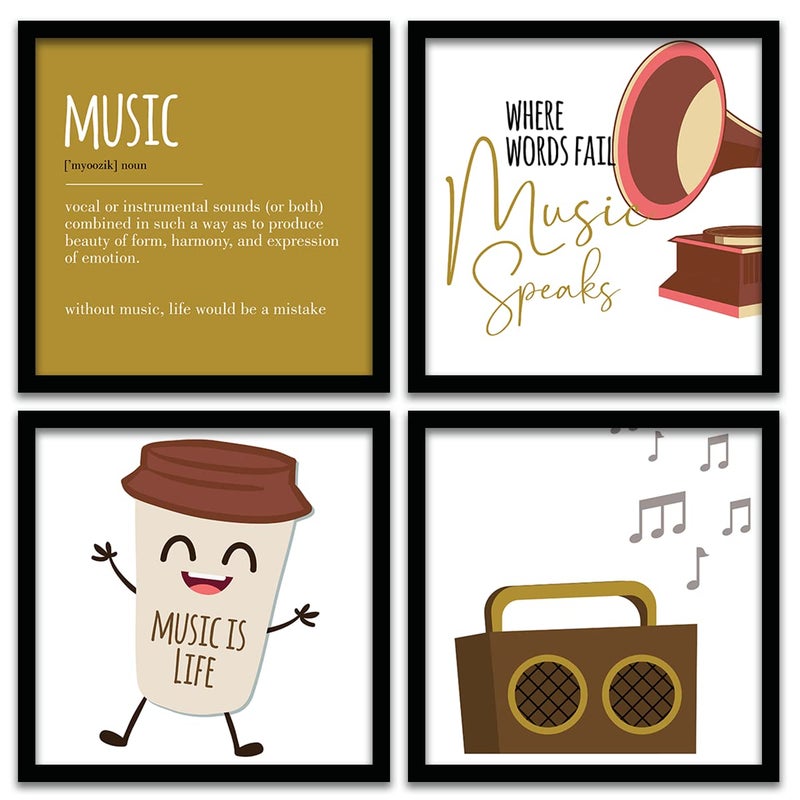 HEVEA Music Quotes Wall Decor PaintingsMusic Framed Wall PostersPaintings with Frame Wall Paintings Hangings Framed Wall Art Paintings 11 inch x 14 inch Framed Multicolor Brown Set of 4 - Image 1