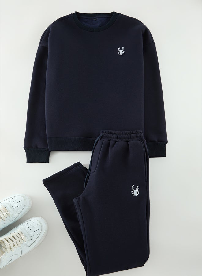 trendyol Navy Blue Oversize/Wide Cut Deer Embroidered Tracksuit - Image 1