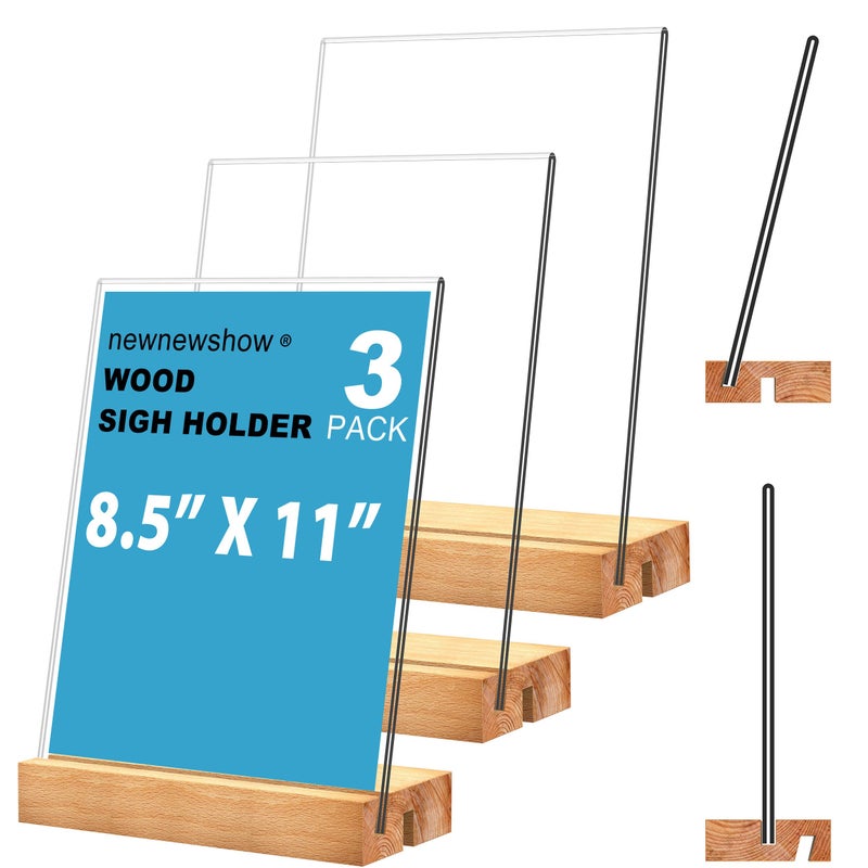 newnewshow 85x11 Acrylic Sign Holder with Wood Base Wood Sign Holder Vertical or Slant Back Display