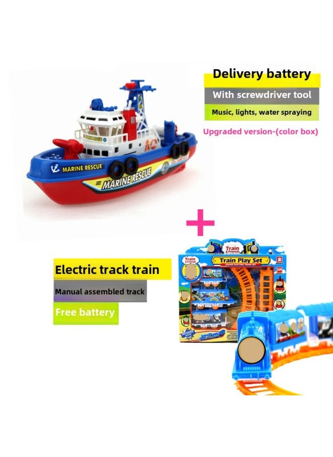 Generic - Electric Fire-fighting Ship Model That Can Spray Water Simulation Ship Warship Children Bath Boy Girl Toy Birthday Gift-Color:Can Shoot In Stock—upgraded Version + Electric Track Train - Image 1