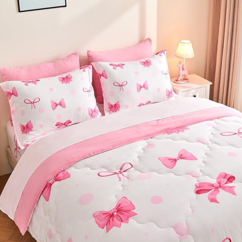 Wajade 7 Piece Pink Bow Bedding Set for Girls Kids Full Size Comforter Set with Sheet and 2 Pillowcases 2 Pillow Shams Cute Girls Bed in a Bag as Birthday Choice - Image 5