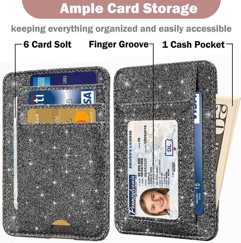 Hot Cool Card Holder Wallet Front Pocket Minimalist Travel Cute Funny Thin Leather With RFID Blocking Small Credit Card Holder Wallet for Men & Women Girls Organizer Gifts, Glitter Black - Image 3