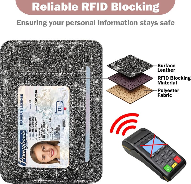 Hot Cool Card Holder Wallet Front Pocket Minimalist Travel Cute Funny Thin Leather With RFID Blocking Small Credit Card Holder Wallet for Men & Women Girls Organizer Gifts, Glitter Black - Image 5