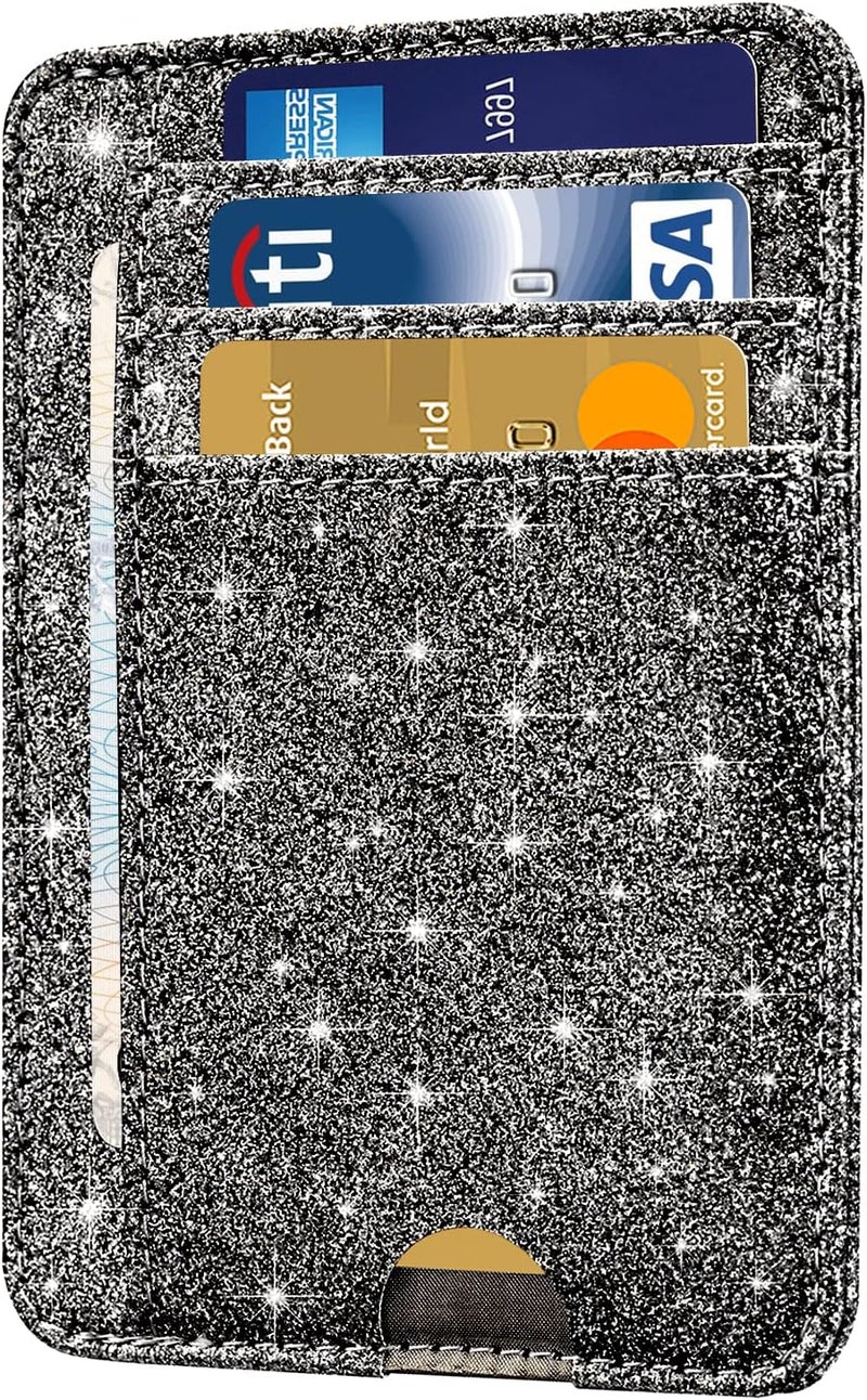 Hot Cool Card Holder Wallet Front Pocket Minimalist Travel Cute Funny Thin Leather With RFID Blocking Small Credit Card Holder Wallet for Men & Women Girls Organizer Gifts, Glitter Black - Image 1