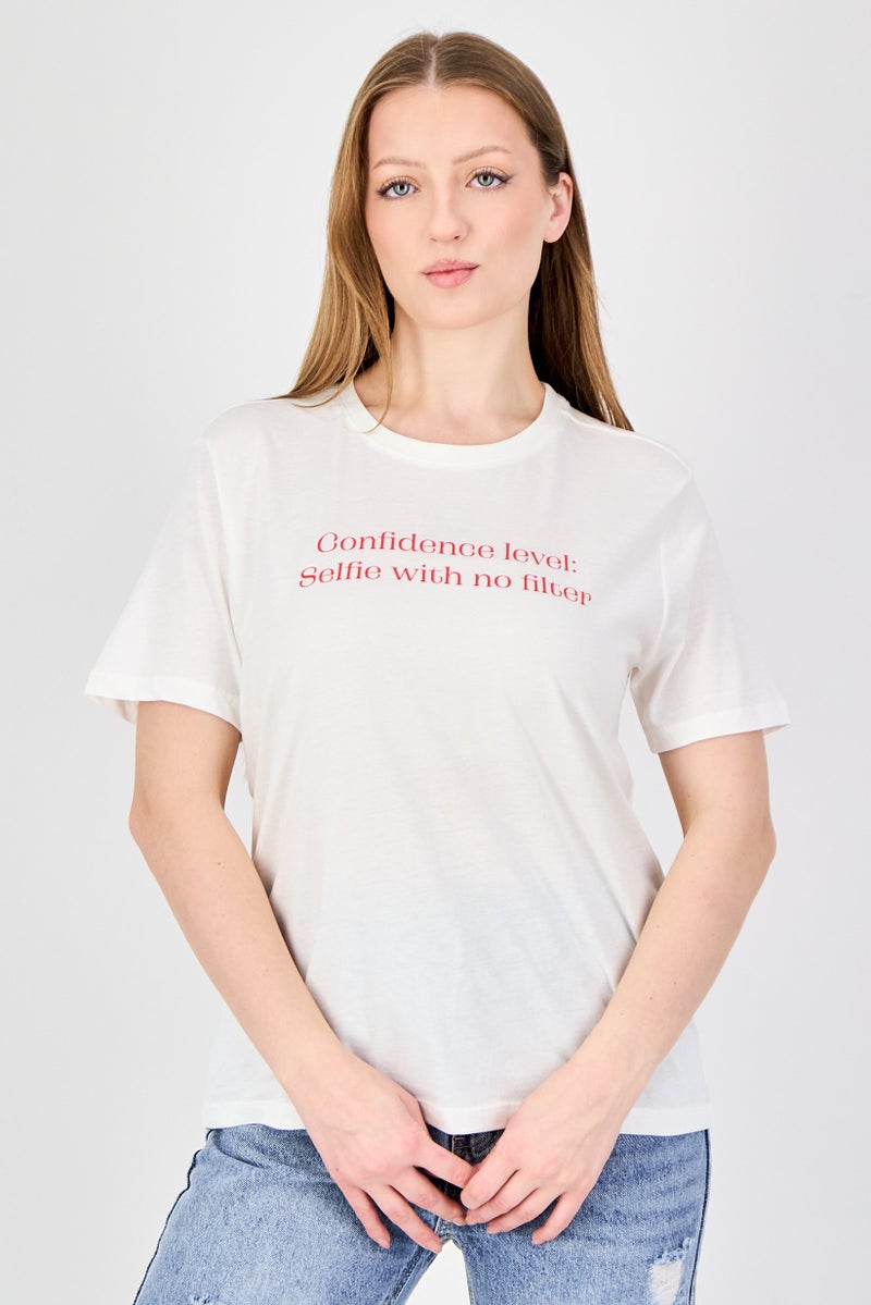 ONLY Women Crew Neck Short Sleeve Graphic Print T-Shirt, Cream - Image 1
