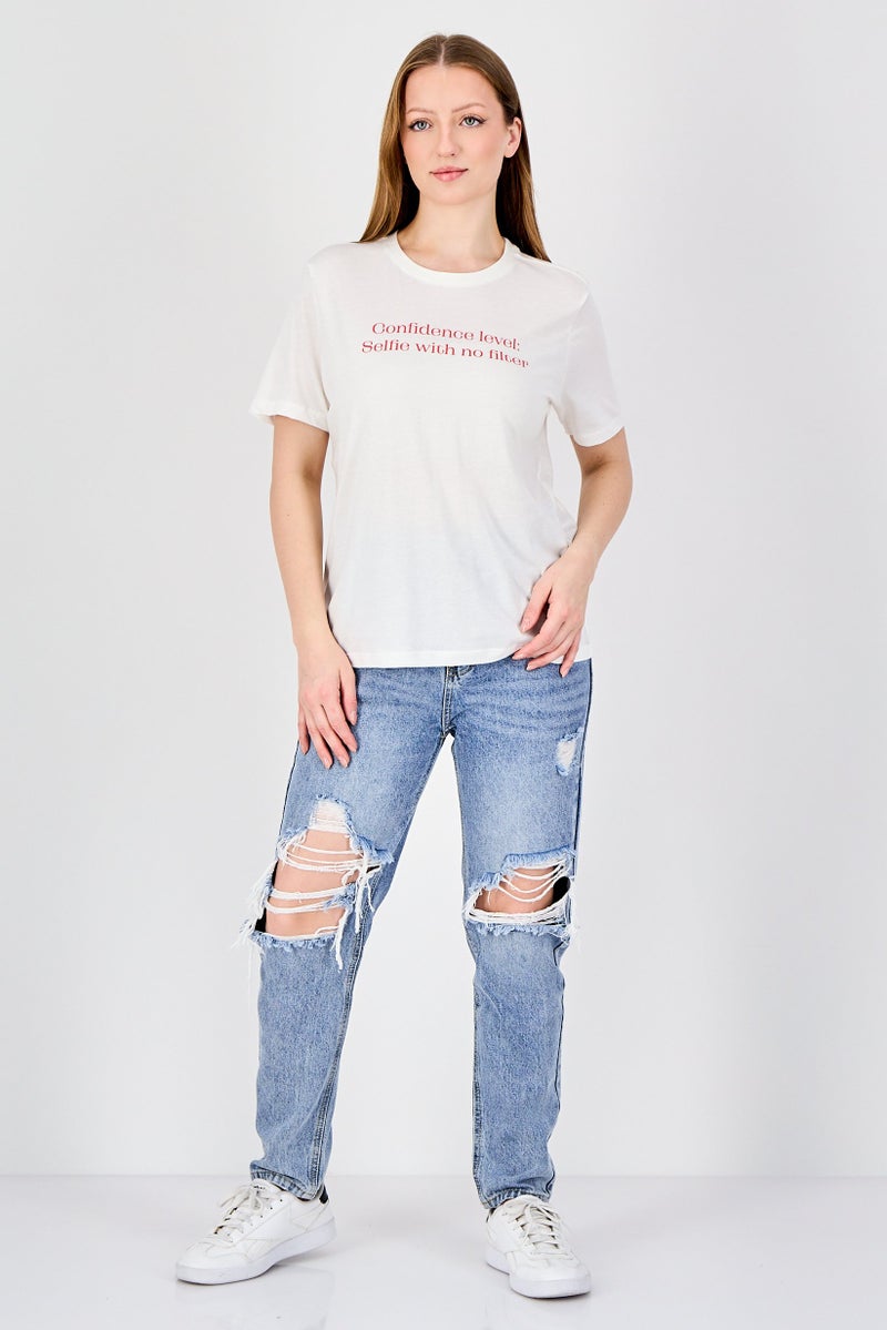 ONLY Women Crew Neck Short Sleeve Graphic Print T-Shirt, Cream - Image 3