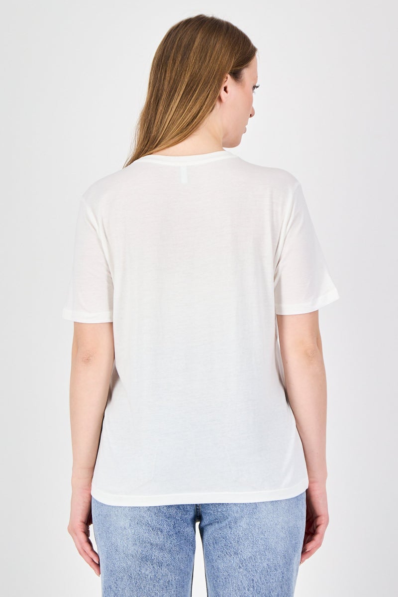 ONLY Women Crew Neck Short Sleeve Graphic Print T-Shirt, Cream - Image 2
