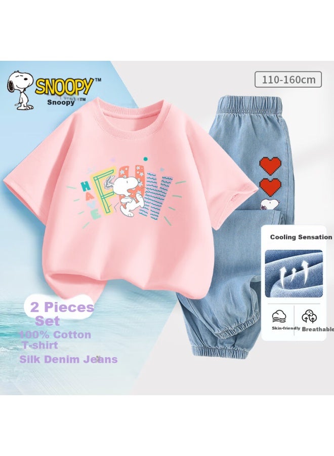 Snoopy Boys And Girls Short-sleeve T-shirt And Jeans Two-piece Set, Children's Short-sleeve Outfit, Pink Fun + Light Blue Heart, Size 160 - Image 5