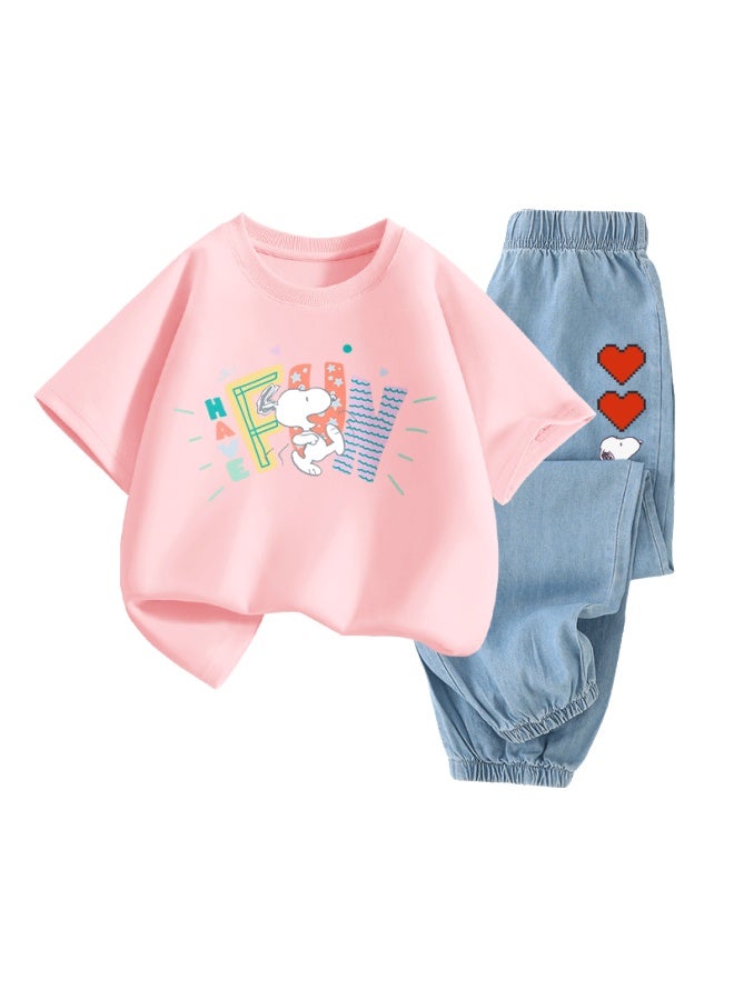 Snoopy Boys And Girls Short-sleeve T-shirt And Jeans Two-piece Set, Children's Short-sleeve Outfit, Pink Fun + Light Blue Heart, Size 160 - Image 4