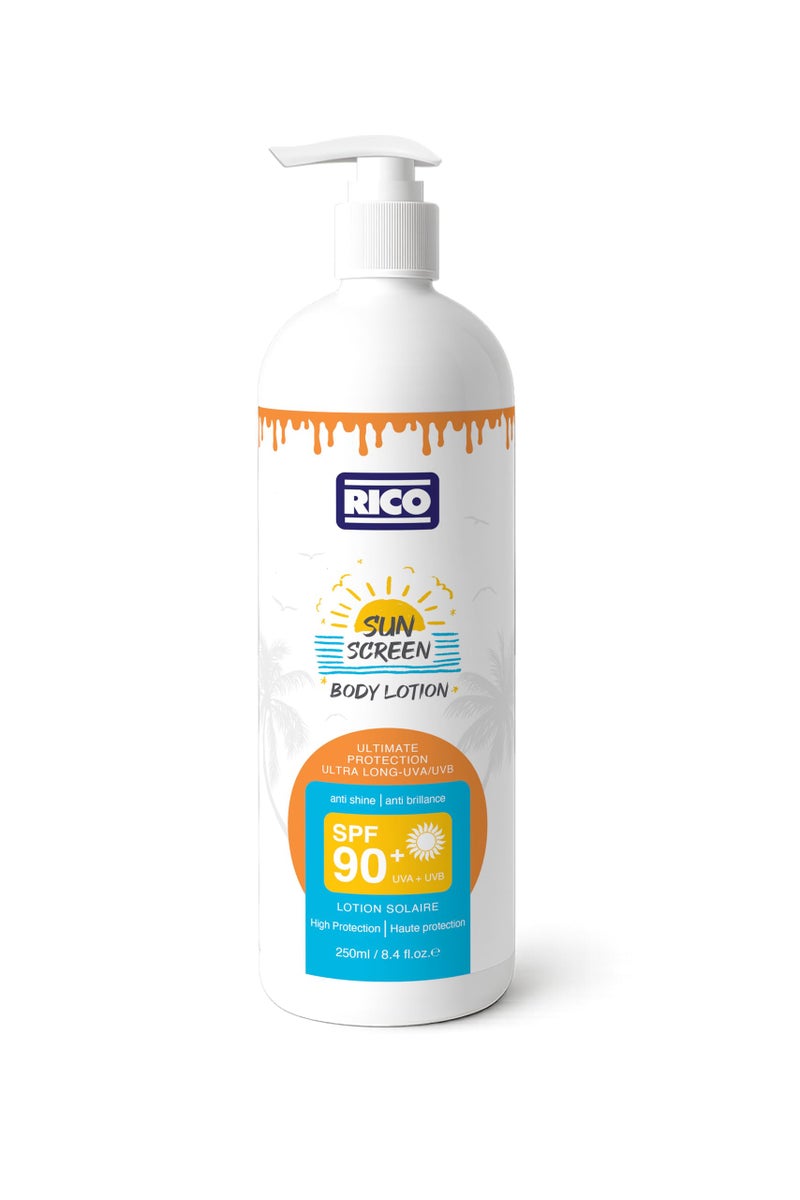 ريكو RICO Sunscreen Body Lotion SPF 90+, Lightweight with Vitamin E & Carrot Extract, No White Cast, 250ml, All Skin Types - Image 1