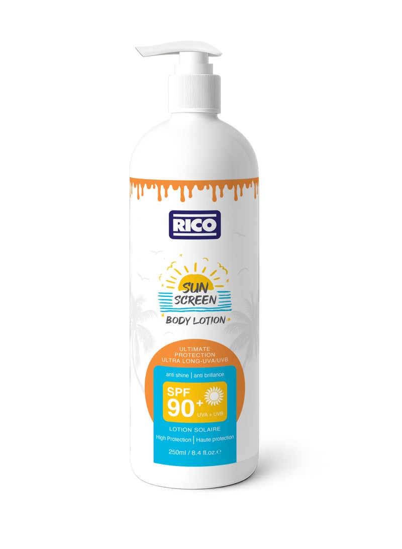 RICO Sunscreen Body Lotion SPF 90+, Lightweight with Vitamin E & Carrot Extract, No White Cast, 250ml, All Skin Types - Image 1