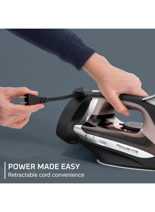 Rowenta - Iron Access Stainless Steel Soleplate Steam Iron With Retractable Cord Powerful Steam Diffusion Auto-Off Anti-Drip 1725 Watts Ironing Black Clothes Iron Dw2459 - Image 1