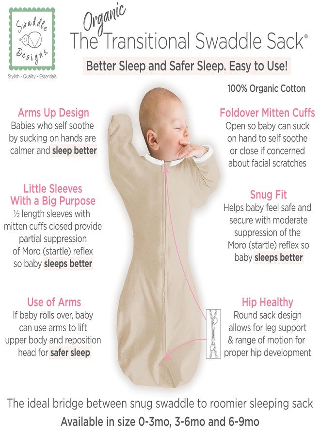 SwaddleDesigns Organic Transitional Swaddle Sack, Arms Up Swaddle with Half-Length Sleeves & Mitten Cuffs, Small, 0-3 Months, 6-14 lbs, Sand Dollar - Image 2
