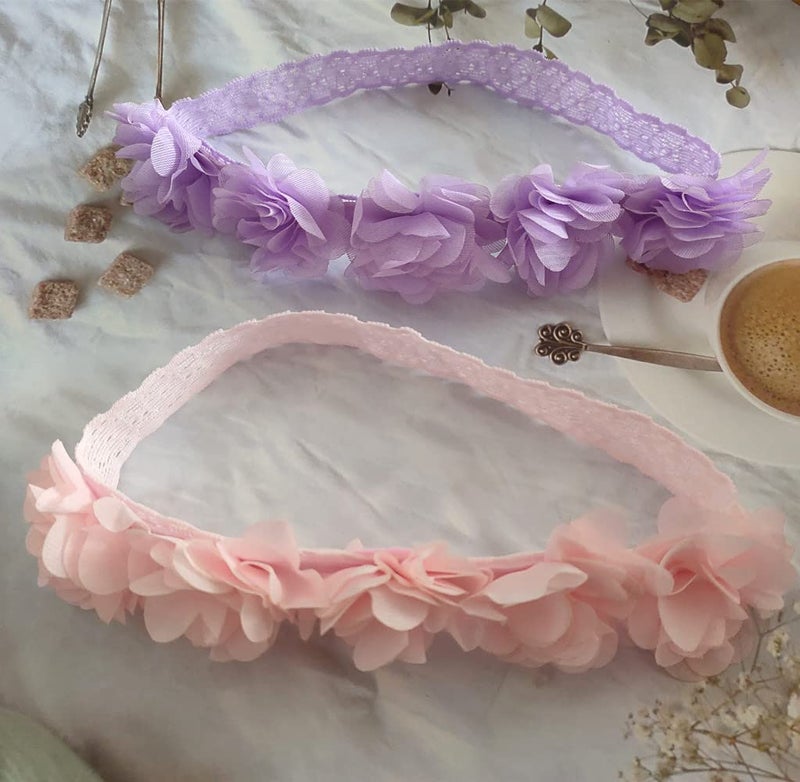 Jilukibo Baby Elastic Lace Bows Flower Headbands Stretch Gold Princess Floral Hair Band Headwear for Infant Girls Toddler Hair Accessories 2 Pack Purple Pink - Image 5