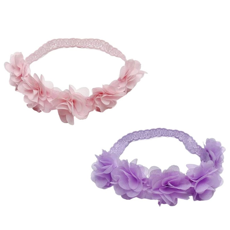 Jilukibo Baby Elastic Lace Bows Flower Headbands Stretch Gold Princess Floral Hair Band Headwear for Infant Girls Toddler Hair Accessories 2 Pack Purple Pink - Image 3
