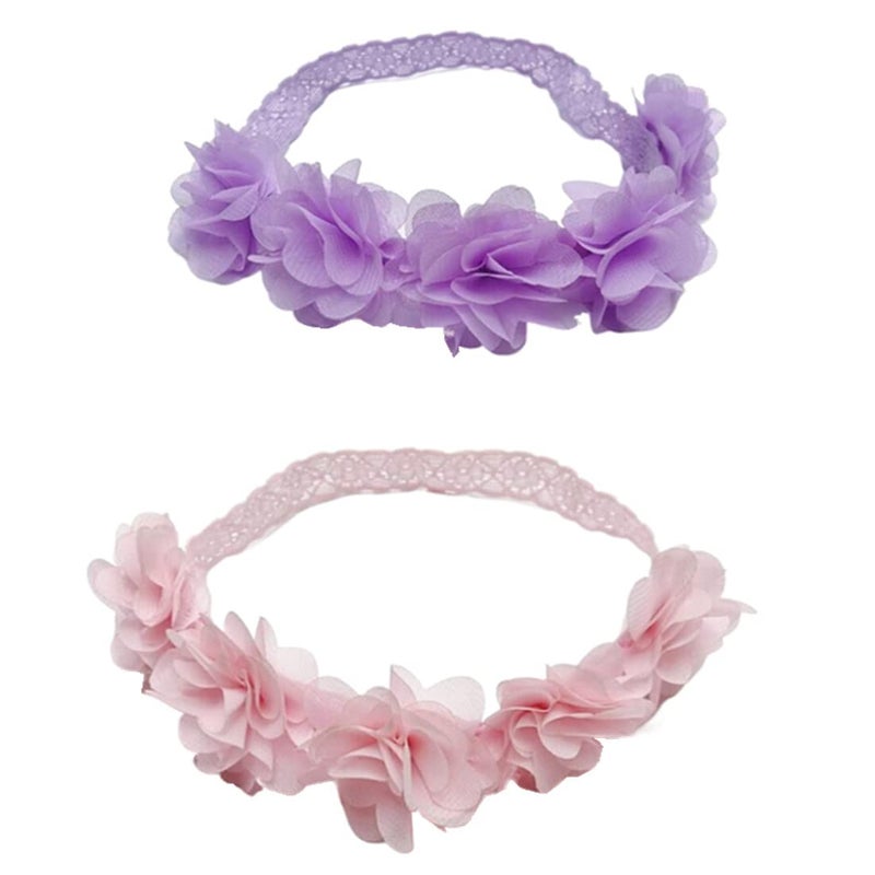 Jilukibo Baby Elastic Lace Bows Flower Headbands Stretch Gold Princess Floral Hair Band Headwear for Infant Girls Toddler Hair Accessories 2 Pack Purple Pink - Image 1