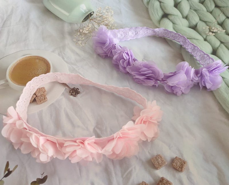 Jilukibo Baby Elastic Lace Bows Flower Headbands Stretch Gold Princess Floral Hair Band Headwear for Infant Girls Toddler Hair Accessories 2 Pack Purple Pink - Image 4