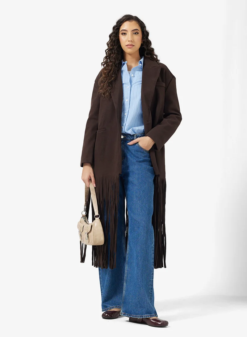 Ginger Oversize Longline Lapel Collar Jacketwith Fringe Hem