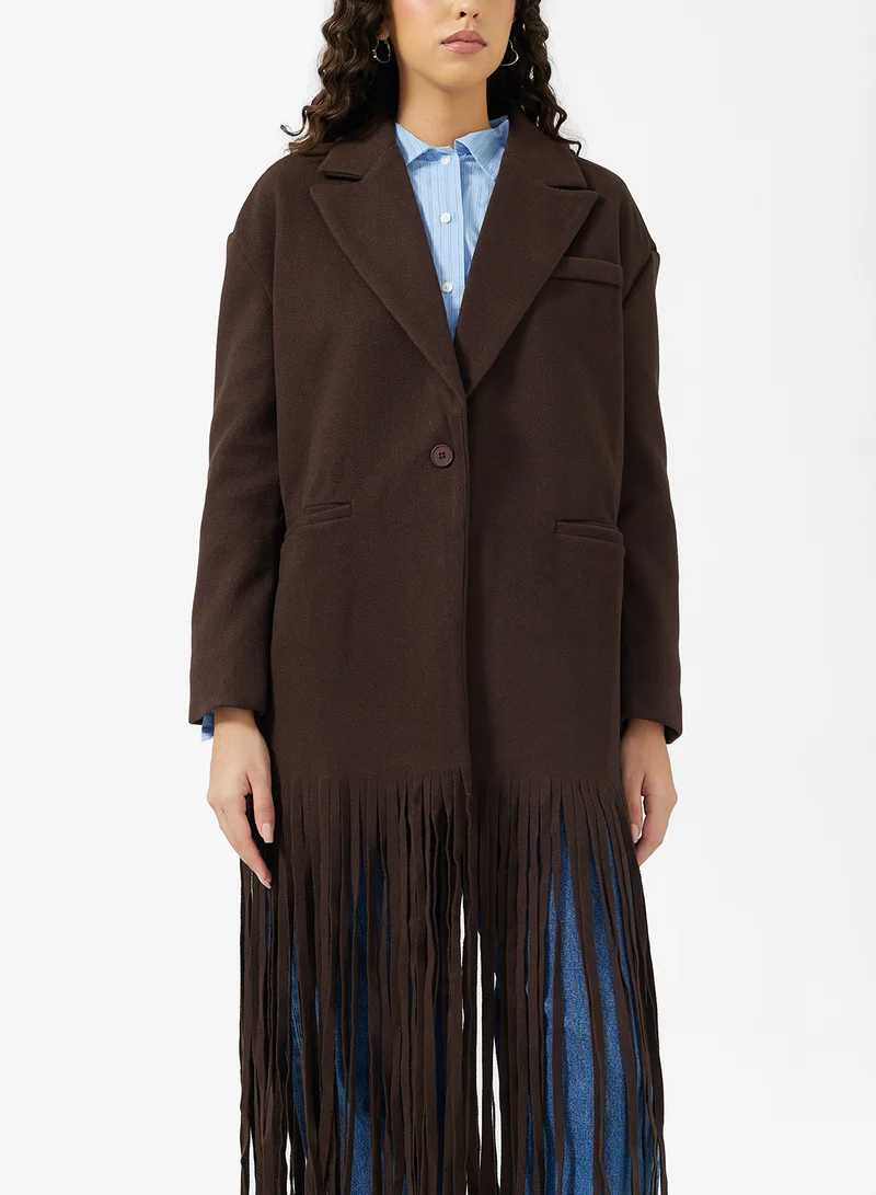 Ginger Oversize Longline Lapel Collar Jacketwith Fringe Hem