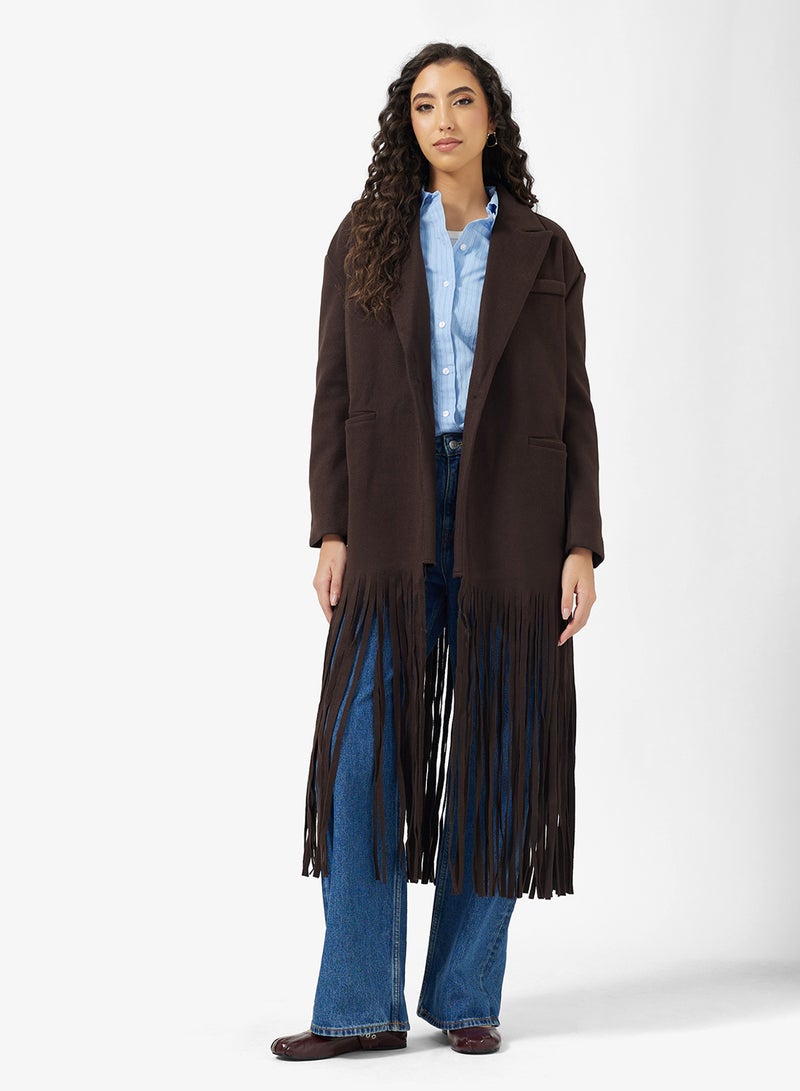 جينجر جاكيت طويل بياقة عريضة وحافة شراشيب - Image 1