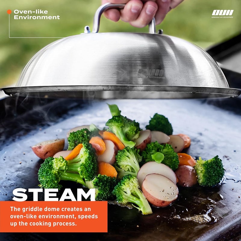 مجموعة إكسسوارات للمقلاة ذات السطح المستوي لماركات Blackstone وCamp Chef: مكبس للبرجر والبيكون مصنوع من الحديد الزهر، مع غطاء دائري مقاوم للصدأ بقطر 12 بوصة، وفرشاة لدهن الطعام، بالإضافة إلى قبعة دائرية قابلة للذوبان. - Image 5