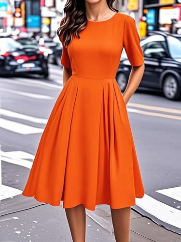 oxiuly Vintage Women Winter Half Sleeve Vintage Dresses 2024 Trendy Elegant Midi Formal Ladies for Mother Teacher's Gift Novelty Dresses OX165 Orange 5F XXL - Image 3