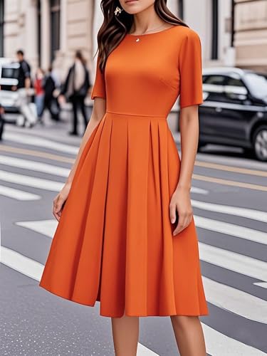oxiuly Vintage Women Winter Half Sleeve Vintage Dresses 2024 Trendy Elegant Midi Formal Ladies for Mother Teacher's Gift Novelty Dresses OX165 Orange 5F XXL - Image 2